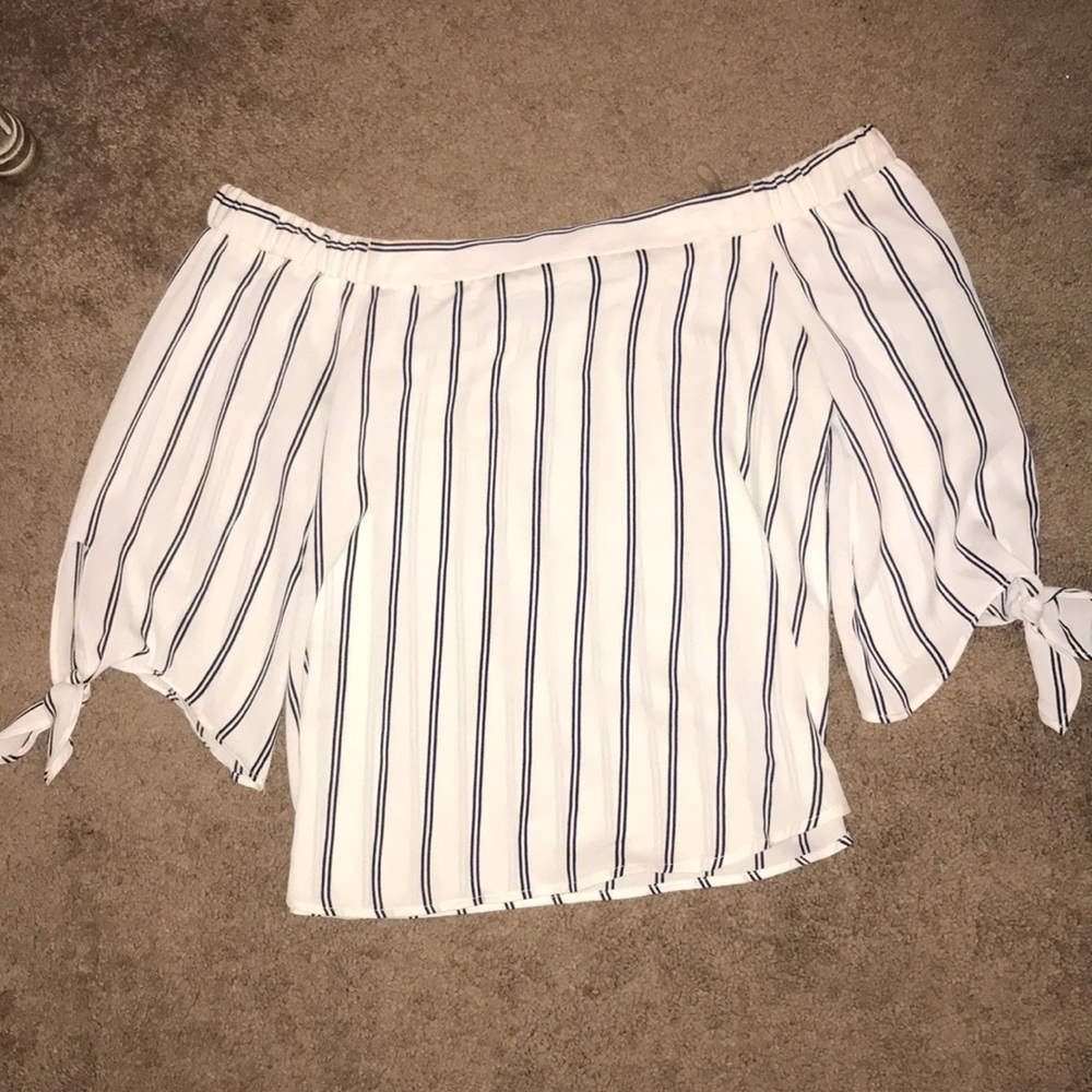 Of the shoulder white top with navy stripes